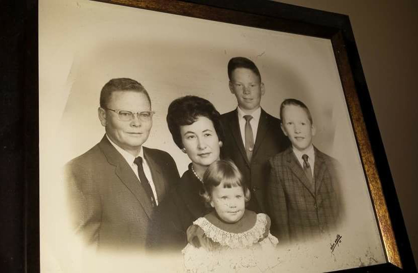 Young Sheldon Livesay, second from right, standing with his family in a childhood portrait